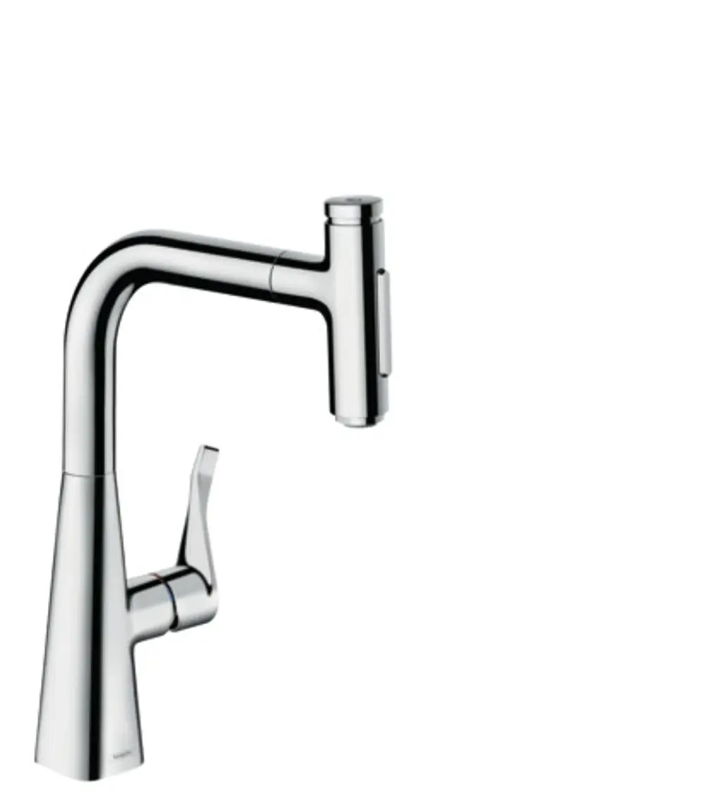 Chromfarbener Hansgrohe-Wasserhahn mit einem hohen, gebogenen Auslauf und einer integrierten Ausziehbrause, die zwei Strahlarten bietet.